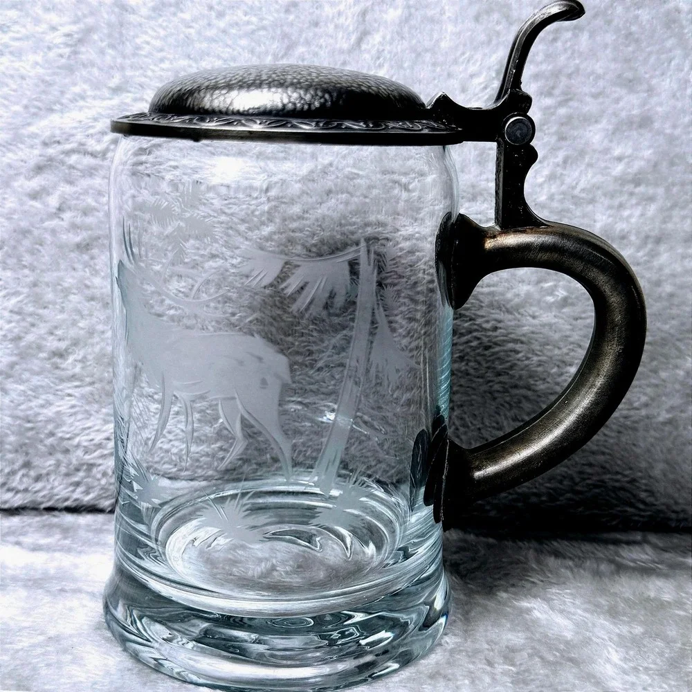 Beer Stein Vintage‎ Etched Glass Pewter Lid Stag Deer Forest Scene German Style